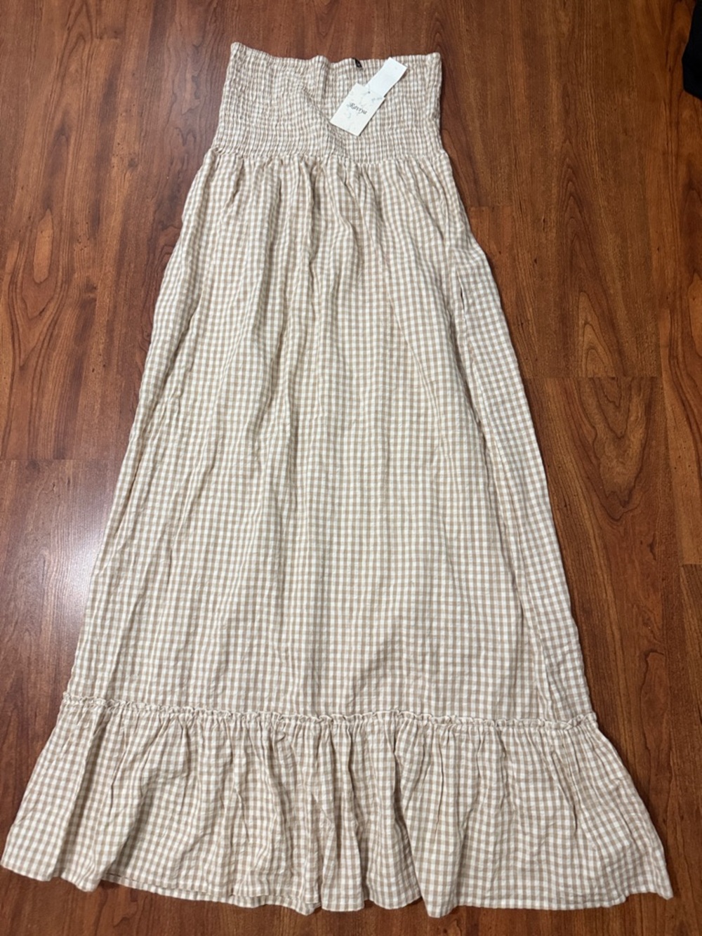 Raviya Beige Gingham Strapless Swim Coverup Maxi